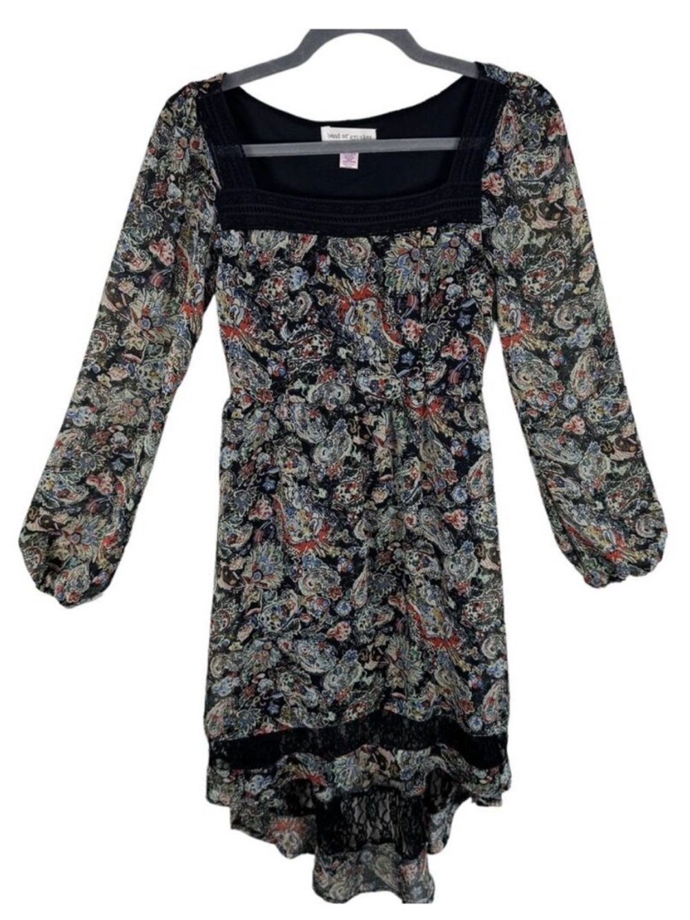 Band of Gypsies Paisley Print Long Sleeve Square Neck Lace Hi Low Dress Size S
